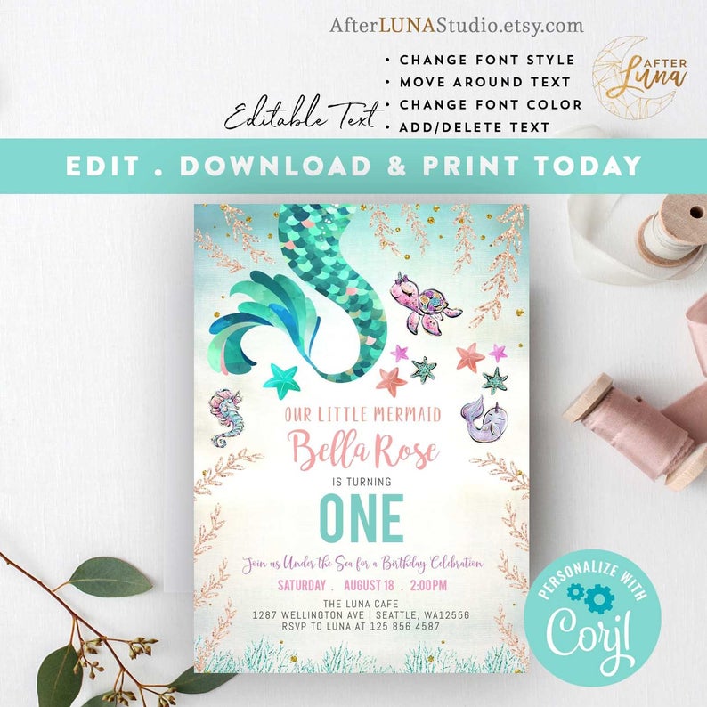 EDITABLE Mermaid Invitation Girl Birthday Invite Under the Sea Summer Mermaid Party Invite Template Instant Download Editable File AL10108