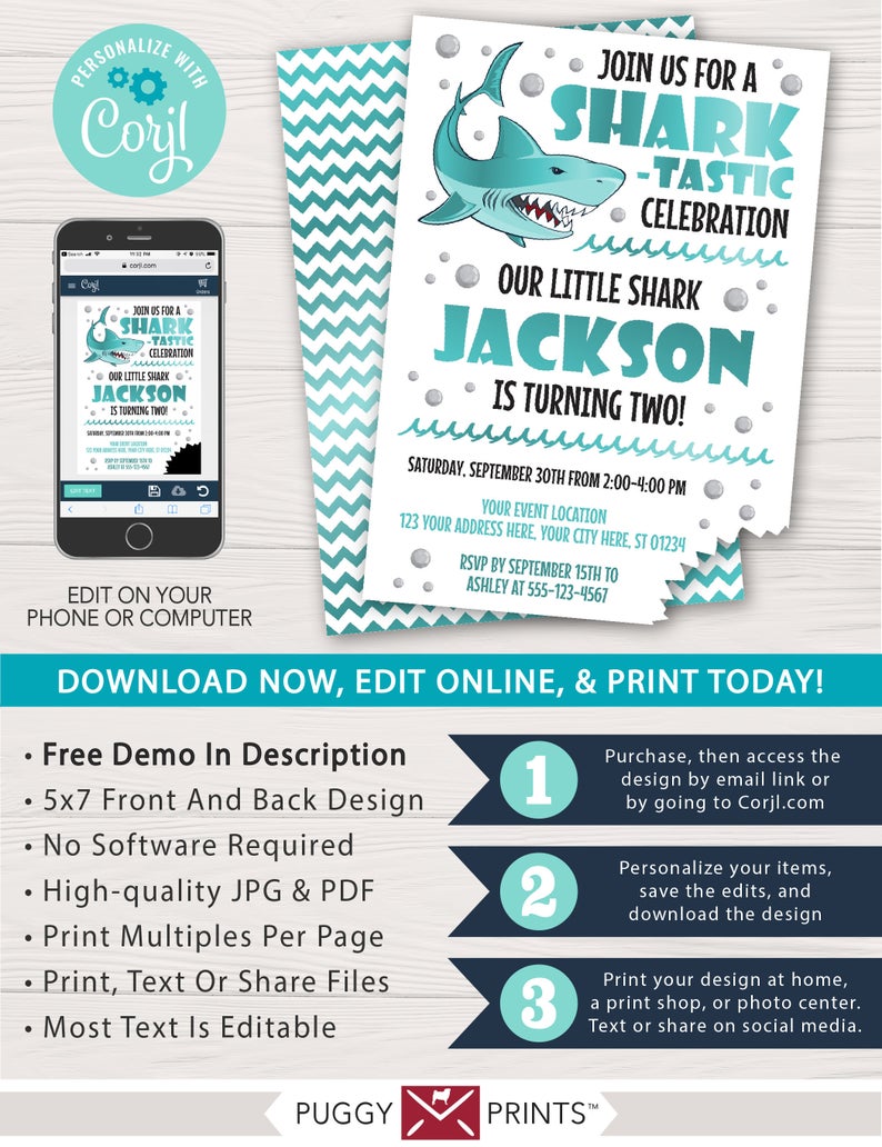 Shark Birthday Invitation | Editable Template Online | Instant Download