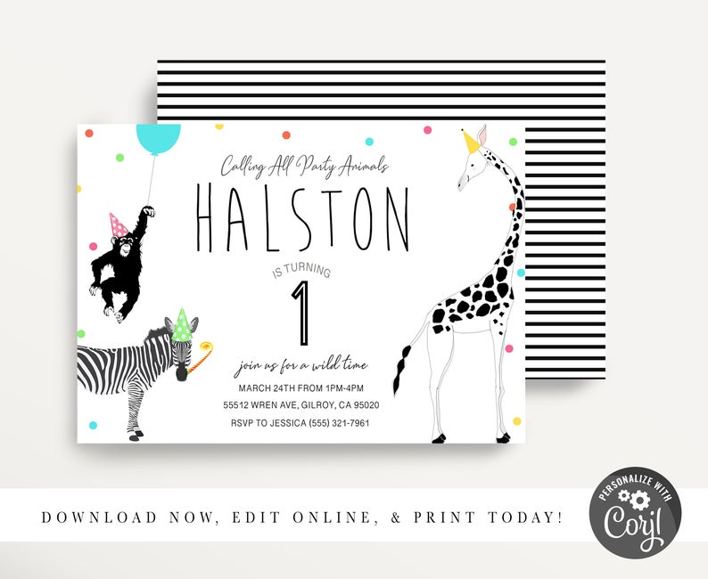 Modern Simple Party Animal Invitation, Wild Animal Party, Zoo Invitation, Safari Birthday, Petting Zoo, Printable Invitation, Corjl