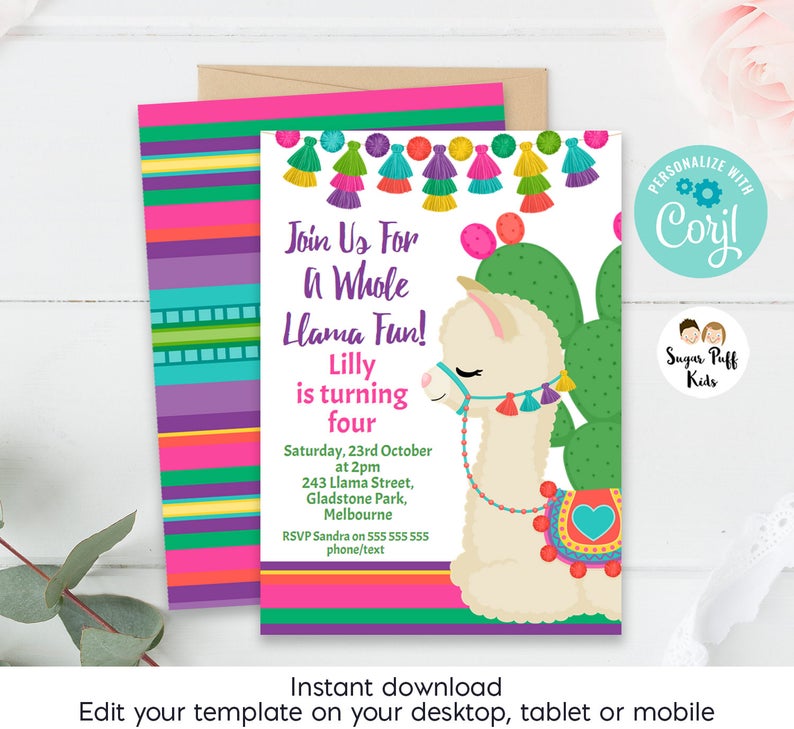 llama invitation, llama birthday, llama birthday invitation, Editable Llama Birthday Party Invitation , llama birthday party invites, Corjl