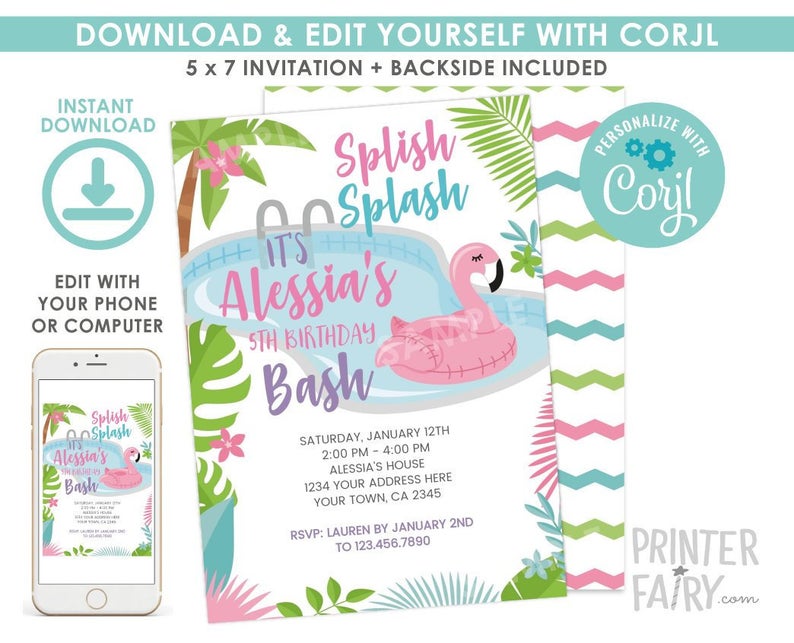 Flamingo Invitation, EDITABLE, Pool Birthday Party Invitation, Flamingo Float Birthday Party, Summer Birthday Invitation, INSTANT DOWNLOAD