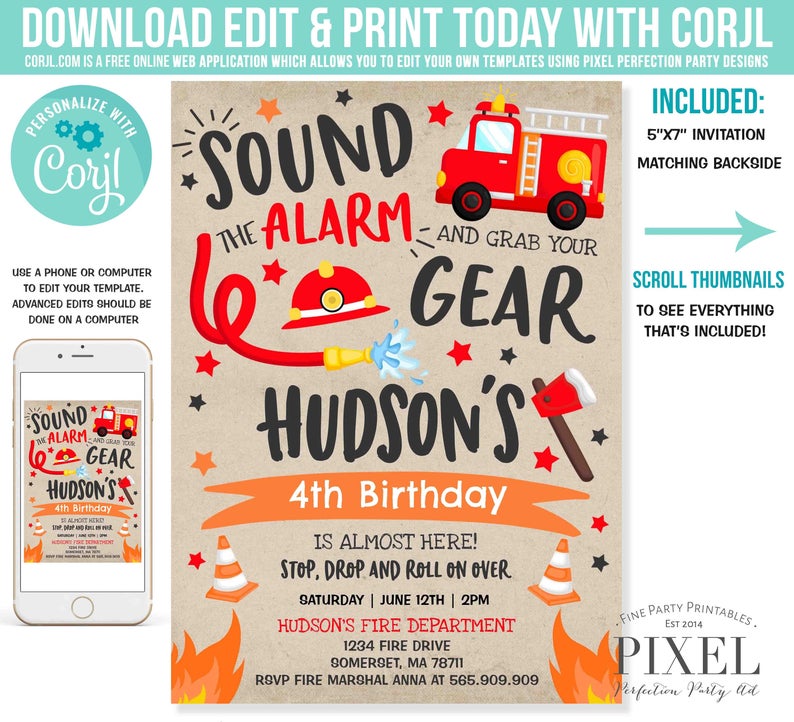 Firetruck Invitation Firetruck Birthday Invitation Firefighter Birthday Invite Fireman Birthday Invitation Instant Editable File Corjl X4