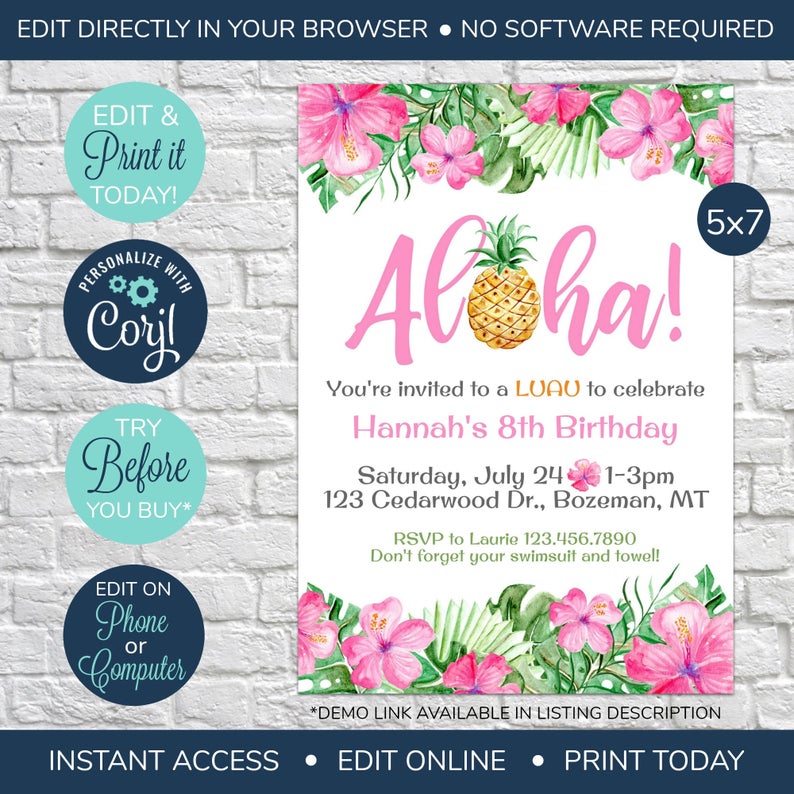 EDITABLE Luau Birthday Invites, Aloha Pineapple Invitations, Summer Birthday Invite, Adult Birthday, Kid’s Birthday, Hawaiian Theme Party