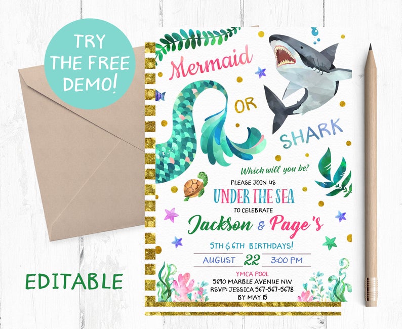 Editable Mermaid or Shark Invitation, Joint Mermaid or Shark Birthday Party, Mermaid or Shark Editable Template, Mermaid Shark Instant