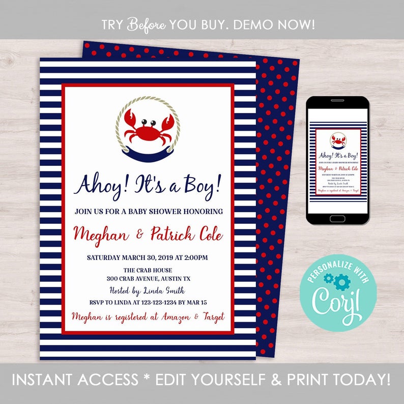 Little Crab Baby Shower Invitation, Nautical Baby Shower Invitation, Ahoy Its a Boy, Summer Baby Shower, Editable Invitation