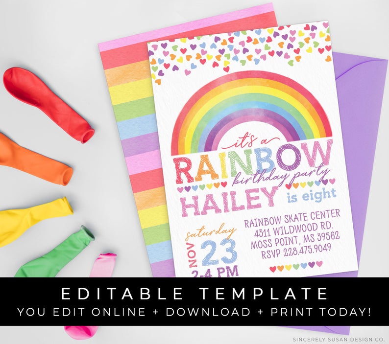 Rainbow Birthday Invitation, Rainbow Hearts Confetti Invitation, Printable Invite, Editable Template Download, Corjl #016A