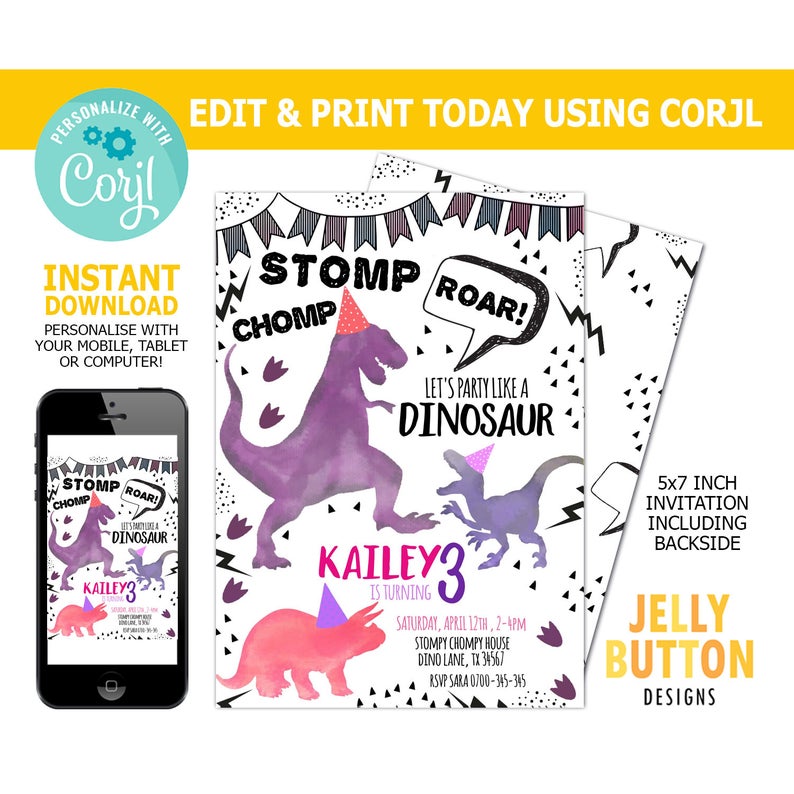 Dinosaur Invite, Corjl Dino Invite, Edit yourself Invite, Dino Kids Invitation, Dinosaur Roar Invite, Stomp Chomp Roar Invite