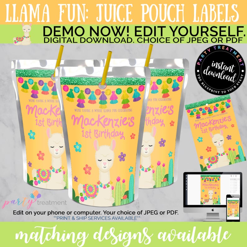 Llama Juice Pouch Labels, Llama Juice Label, Llama Capri Sun Label, Llama Party, Llama Birthday, INSTANT DOWNLOAD
