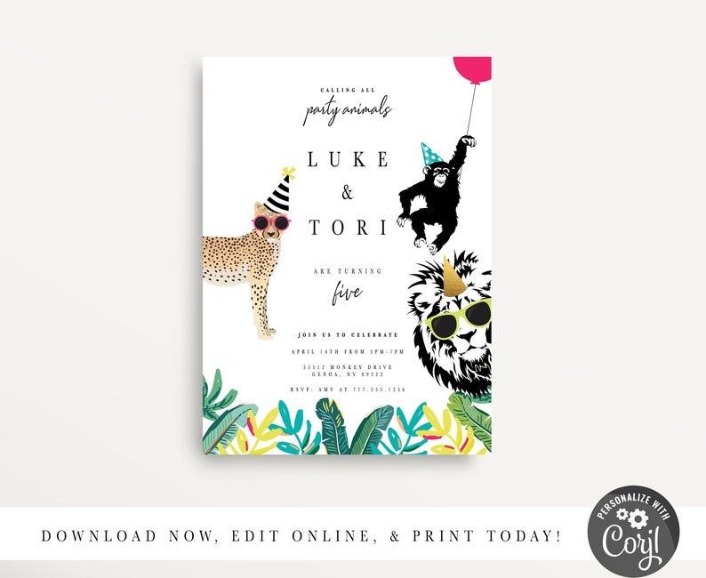 Modern Simple Party Animal Invitation, Wild Animal Party, Zoo Invitation, Safari Birthday, Petting Zoo, Twins, Printable Invitation, Corjl