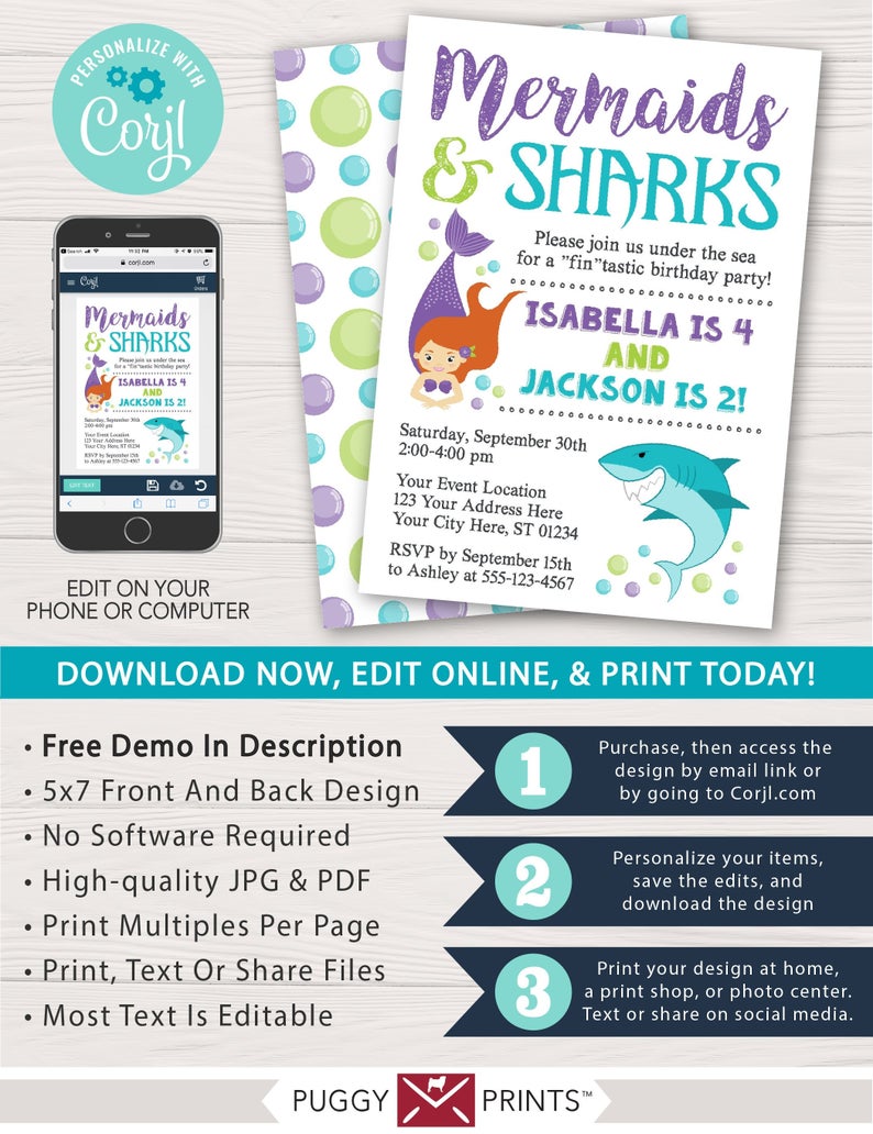 Sharks and Mermaids Birthday Invitation | Editable Template Online | Instant Download