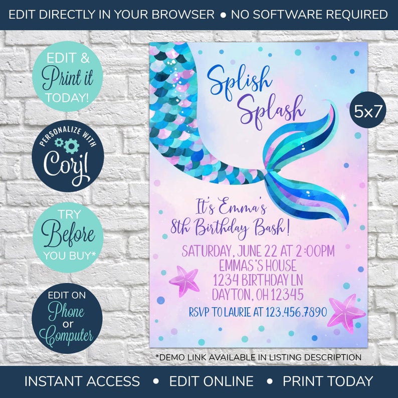 EDITABLE Mermaid Birthday Invites, Birthday party invitation, Mermaid Tail invitation, Splish Splash, Under the Sea Birthday, Girl Birthday