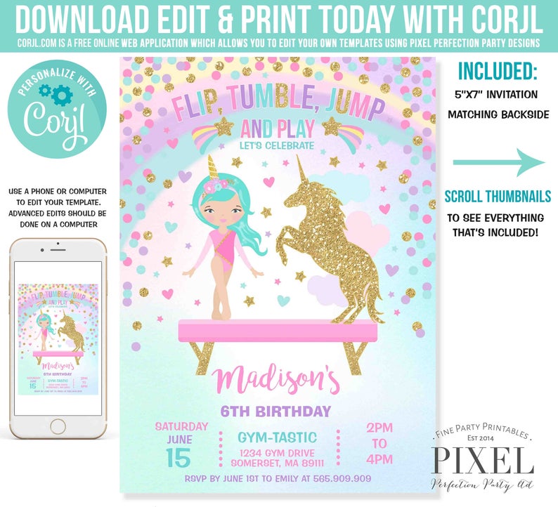Gymnastics Unicorn Invitation Unicorn Gymnastics Invitation Gymnastics Party Magical Gymnastics Party Instant Download Editable PDF 01