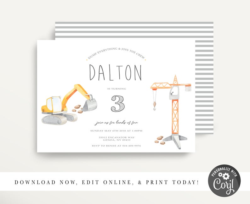 Modern Construction birthday invitation, construction party, construction birthday, dump truck party, Printable, Excavator, Corjl