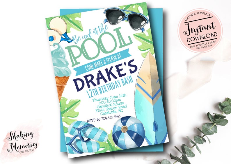 Pool Party Invitation, Boy Surf Tropical Pool Party, Birthday Invitation, Instant Download, Editable, Summer, Tropical, Hawaiian, Swimming