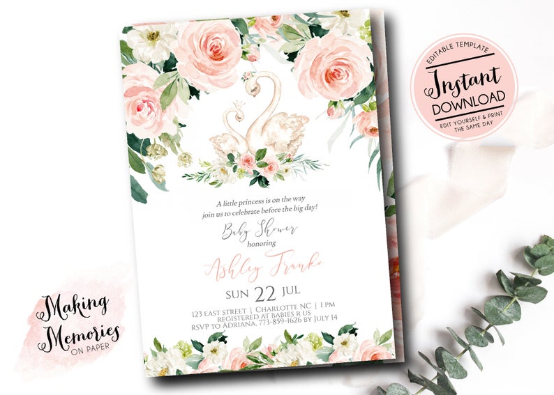 Swan baby shower invitation, baby swan, swan princess baby shower invite, girl pink flowers, INSTANT download edit yourself, blush, et3