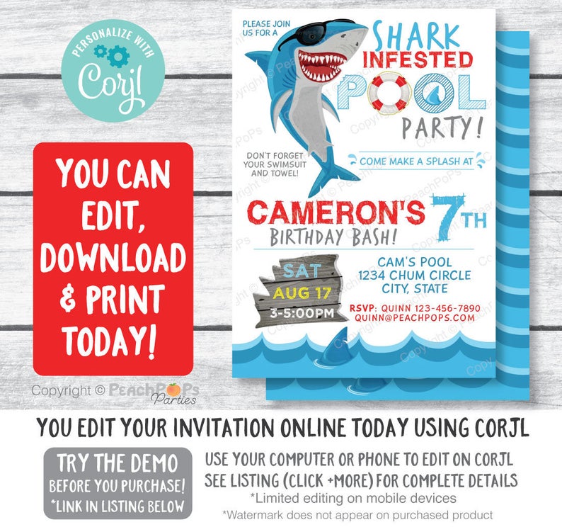 Shark Party Invitation – Shark Pool Party – Birthday Bash – Boy or Girl – DIGITAL Printable Editable Invite 5” x 7” – Edit NOW!
