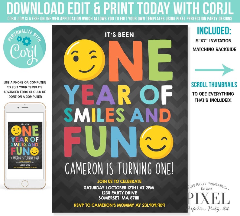 Emoji Birthday Invitation Emoji Smiley Face Birthday Invitation Boy First Birthday Boy 1st Birthday Instant Download Editable File Corjl V6