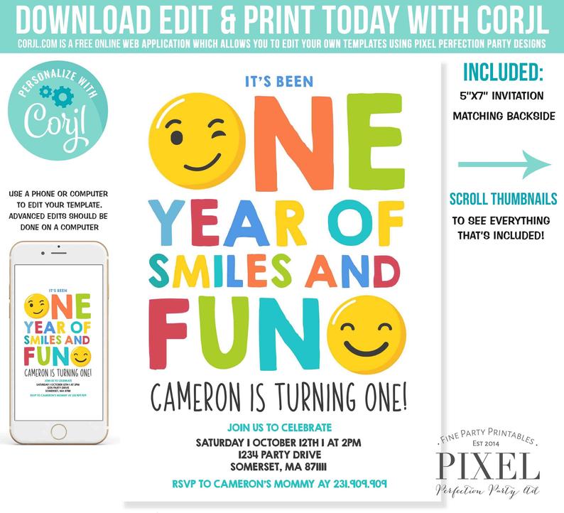 Emoji Birthday Invitation Emoji Smiley Face Birthday Invitation Boy First Birthday Boy 1st Birthday Instant Download Editable File Corjl V6