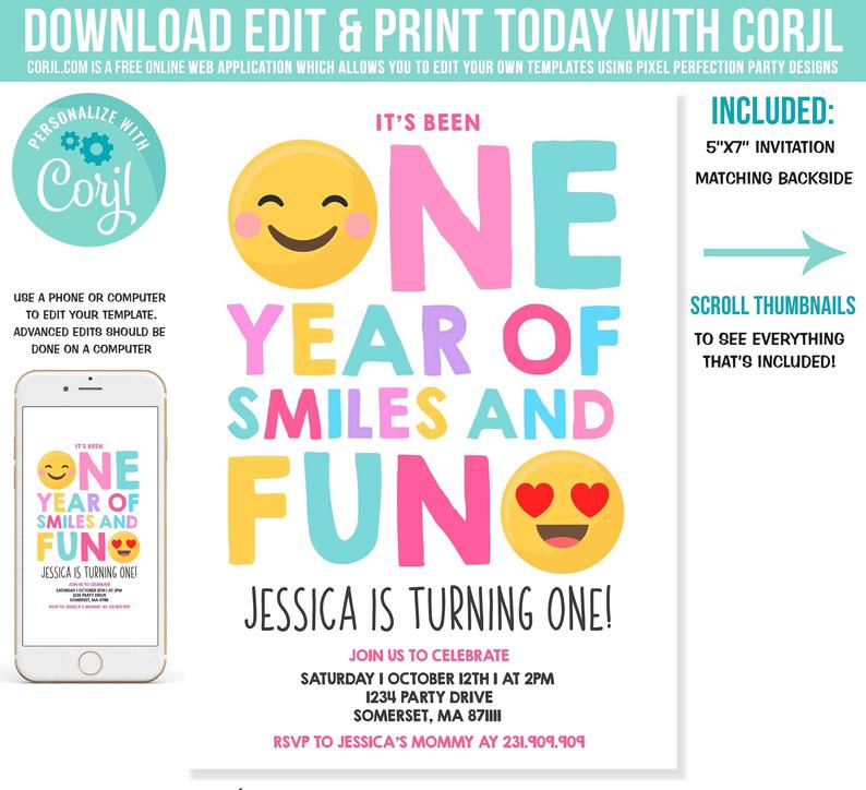 Emoji Birthday Invitation Emoji Smiley Face Birthday Invitation Girl First Birthday Girl 1st Birthday Instant Download Editable PDF Corjl V6