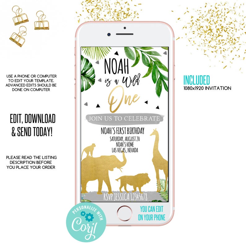 EDITABLE wild one birthday invitation with gold safari animals,tropical first birthday invitation, Electronic Invite, tropical e-invite,