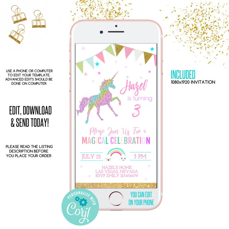 EDITABLE unicorn birthday invitation,magical glitter birthday iphone invitation,glitter unicorn invitation, Electronic Invite, smartphone,