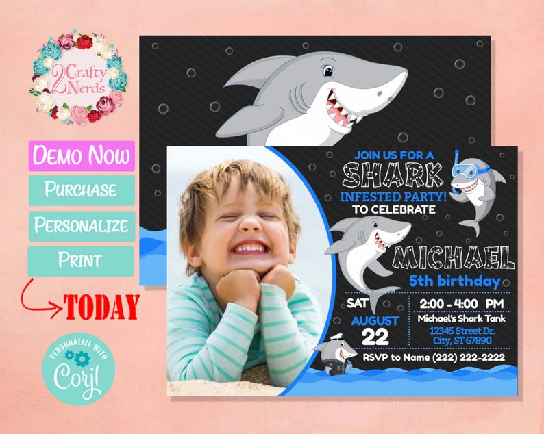 Shark Birthday Invitation with Photo, Shark Party, Shark Theme | Editable Instant Download | Edit Online NOW Corjl | INSTANT ACCESS