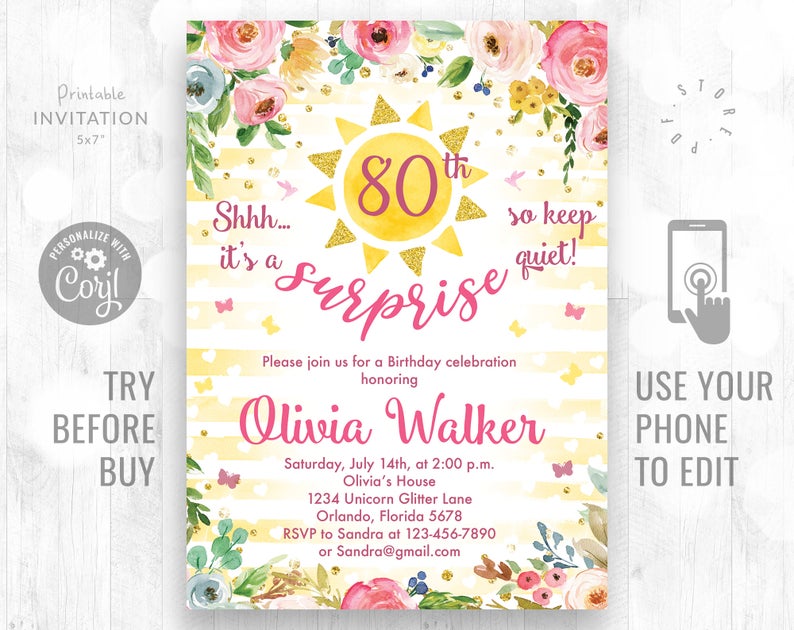 Sunshine Surprise Any Age Birthday Invitation Sun Floral Women Birthday Invitation Birthday Invite Women Birthday Invitation Sunshine Corjl