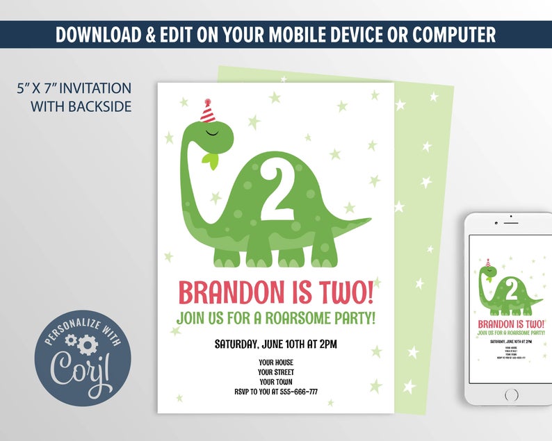 Dinosaur Invitation, Dinosaur Birthday Party Printable, Editable Digital Invitation