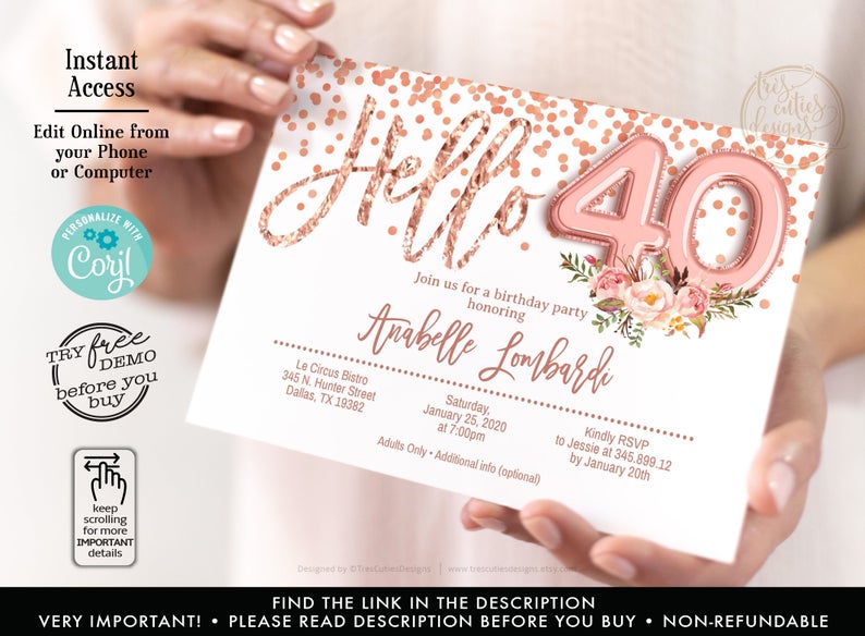 40 Birthday Invitations, hello 40 balloon, Forty Birthday Invitation, Floral Invites, Editable, Rose Gold Confetti, Edit with Corjl,