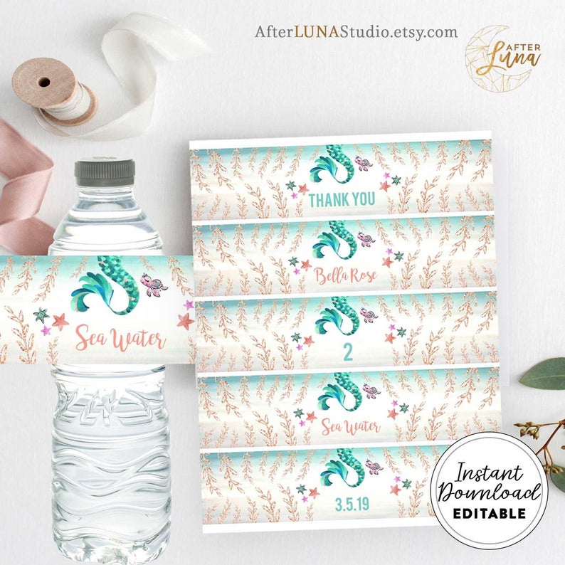 EDITABLE Mermaid Water Bottle Label Printable Mermaid Party Decoration Mermaid Water Label Decor Instant Download Editable File AL10108