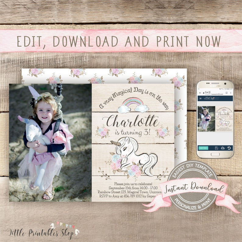Unicorn Birthday Photo Invitation, Instant Download, Editable and Printable by you with Corjl
