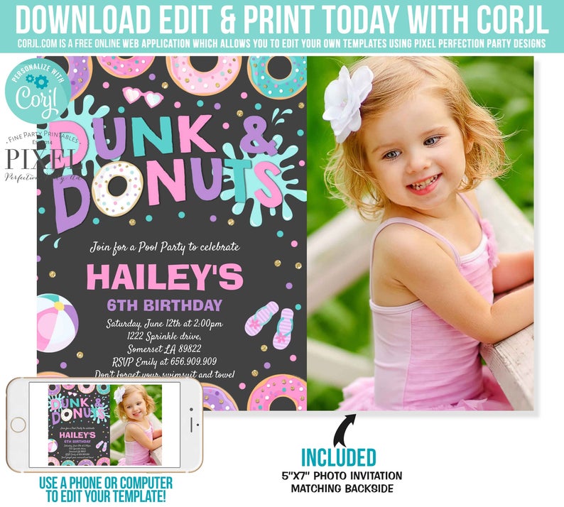 Dunk And Donuts Pool Party Invitation Donut Pool Party Invitation Donut Summer Pool Party Pool Party Bash Swimming Party Instant Download V7