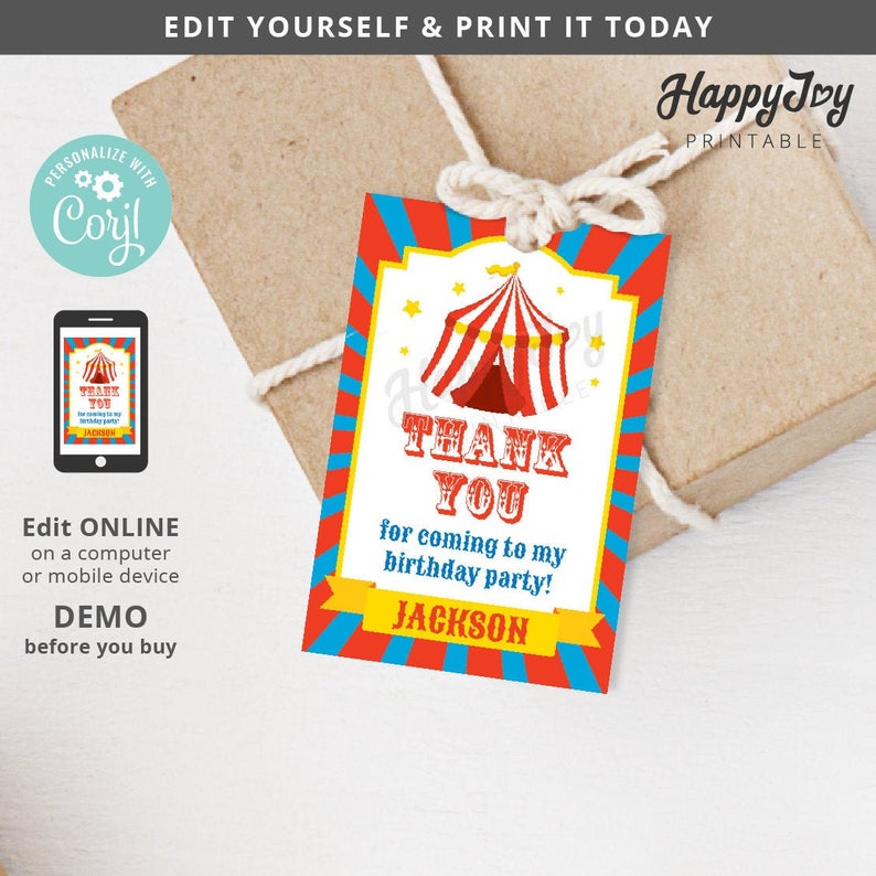 Circus Carnival Party Favor Tag 2×3, Greatest Show Birthday Thank You Tag, The Big Top, Editable Template INSTANT Access, Self Edit Corjl