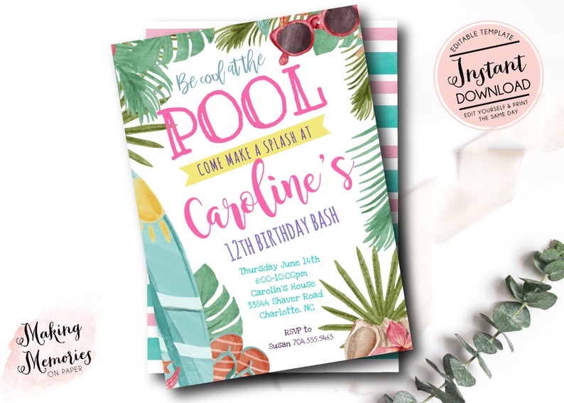Pool Party Invitation, Tropical Pool Party, Birthday Invitation, Instant Download, Editable, Summer, Surf Board, sunglasses, Swimming