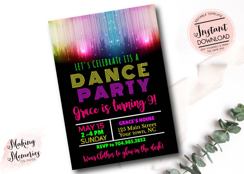 Glow in the dark invitation, glow invite, glow invitation, Just Dance, Dance Party, TWeen, Template, Instant download, Teen invite, dance