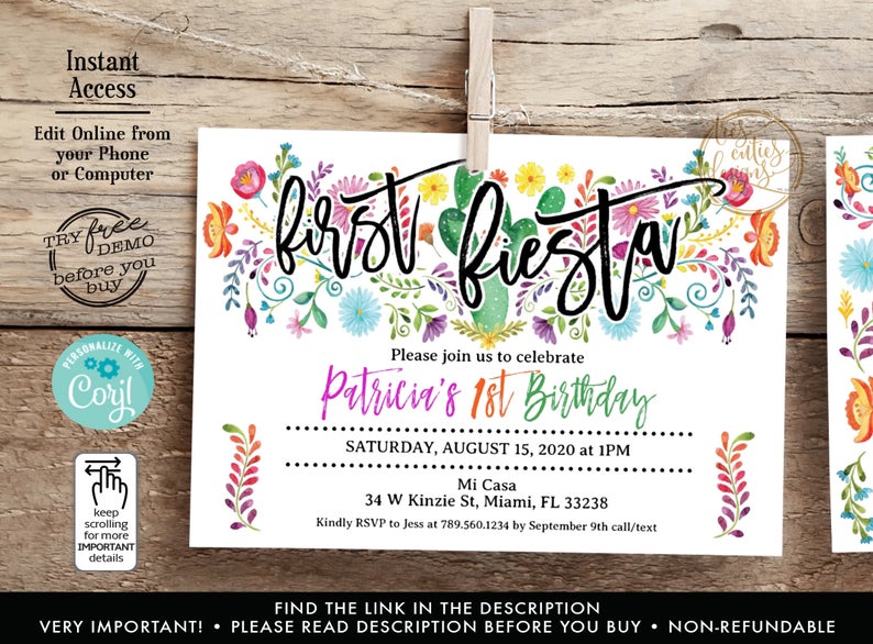 First Birthday Fiesta Invitation, Mexican Birthday Party, Turning UNO, Mexican Flowers, Little Señorita, Fiesta Editable Template with Corjl