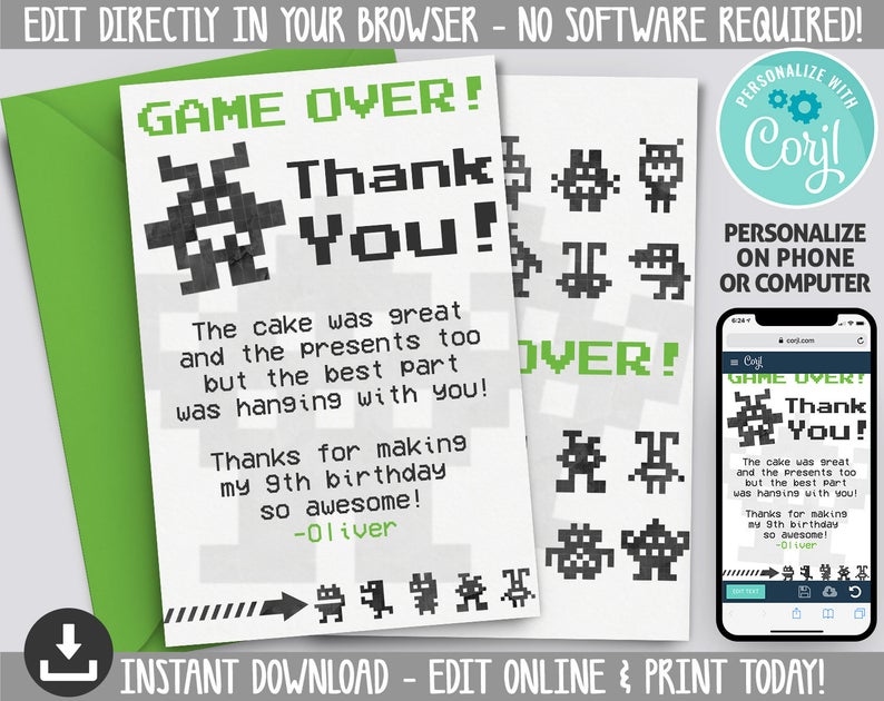 Game Over Thank You Card – INSTANT DOWNLOAD – Printable Game Over Thank You Card – Game On – Personalize with Corjl & Print – GM1