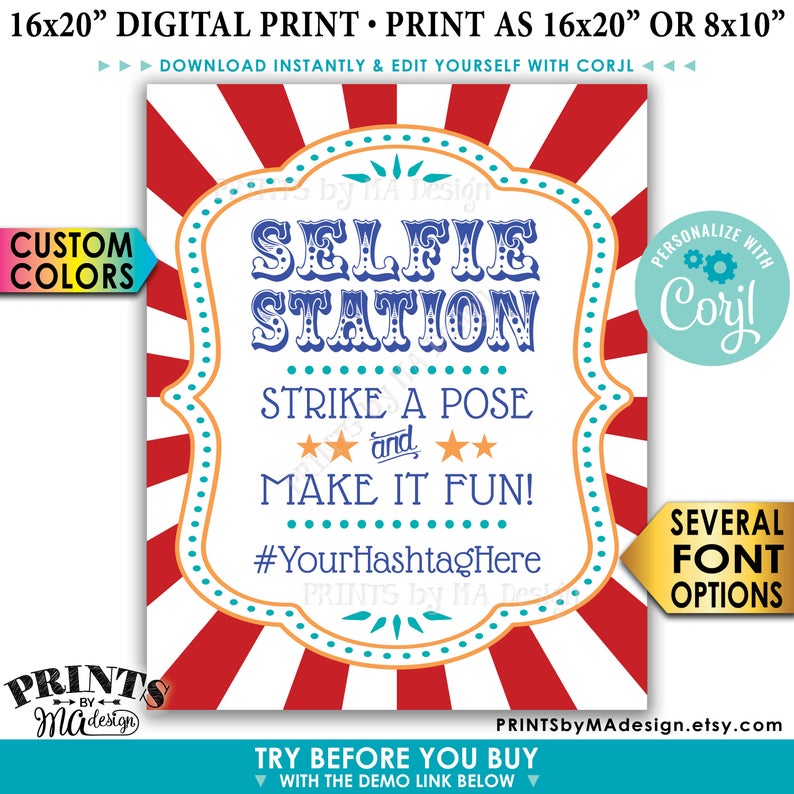 Carnival Selfie Station Sign, Strike a Pose & Make it Fun Circus Theme Party, PRINTABLE 8×10/16×20” Hashtag Sign