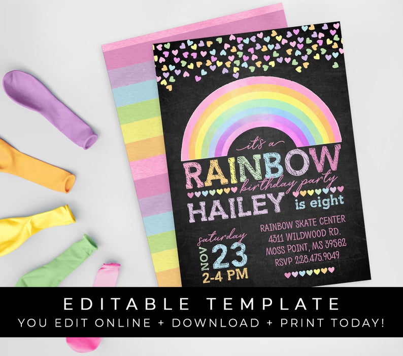 Pastel Rainbow Birthday Invitation Chalkboard Hearts Confetti Printable for Girl Editable Instant Template Download Invite, Corjl #046