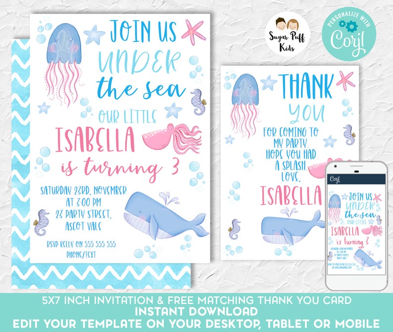 Under the sea birthday invitation, Girls under the sea birthday invitation, Under the sea birthday invite, Sea creatures birthday invitation