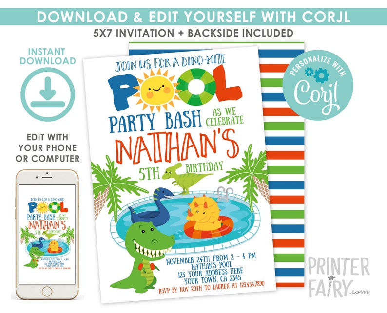 Dinosaur Pool Party Invitation, Dinosaur Birthday Party, T-Rex Invitation, Dinosaur Invitation, EDIT YOURSELF Digital Invitation