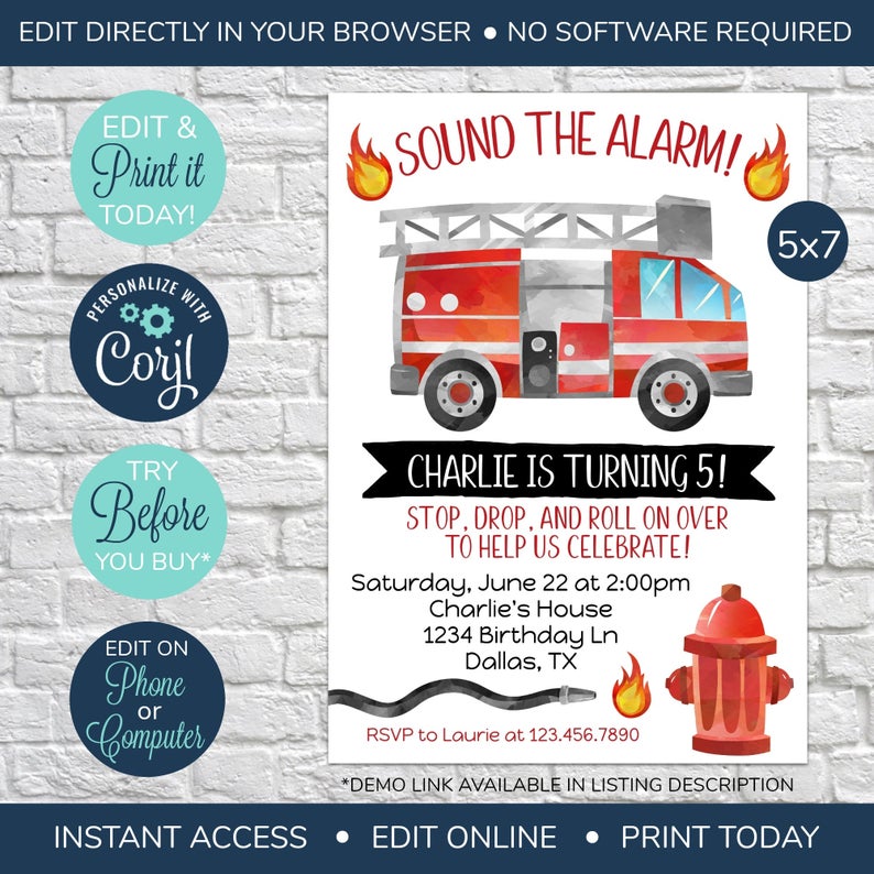EDITABLE Fire Truck Invitation, Birthday Party Invitation, Fire Truck Birthday, Fireman party, Boys Birthday, Birthday Invite, Firetruck