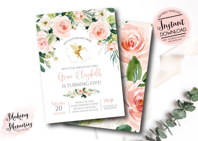 Fairy birthday invitation, fairy invitation, fairy birthday party invitation, fairy garden, INSTANT download edit yourself, blush, et3