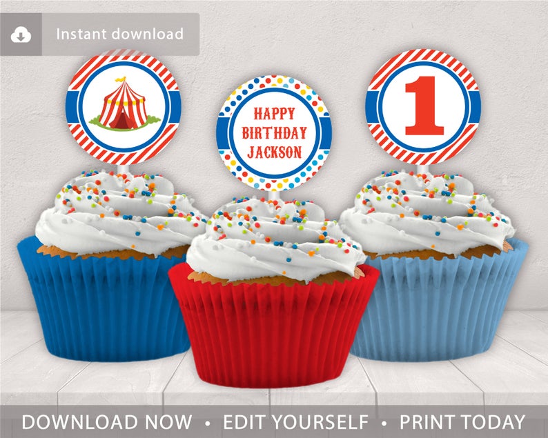 Circus Birthday Cupcake Toppers | Editable Template Online | Instant Download