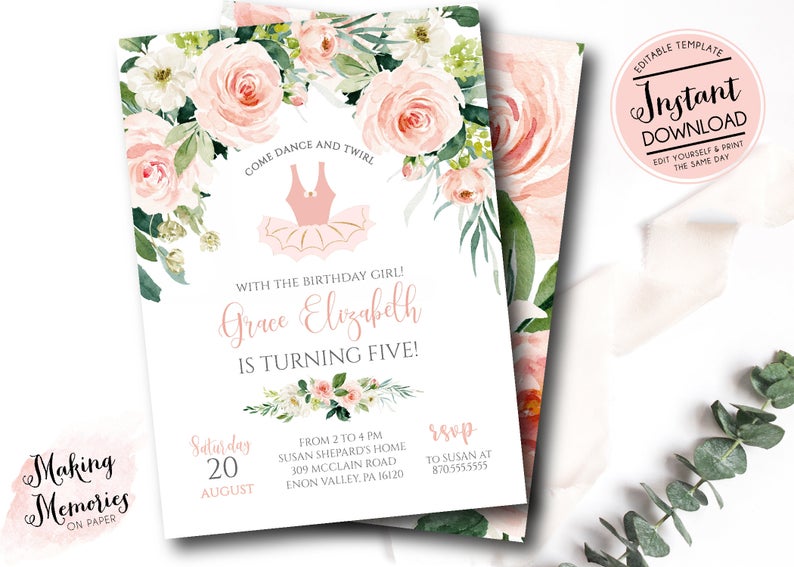 Dance birthday invitation, Ballerina birthday invitation, tutu birthday party invitation, INSTANT download edit yourself, blush, et3