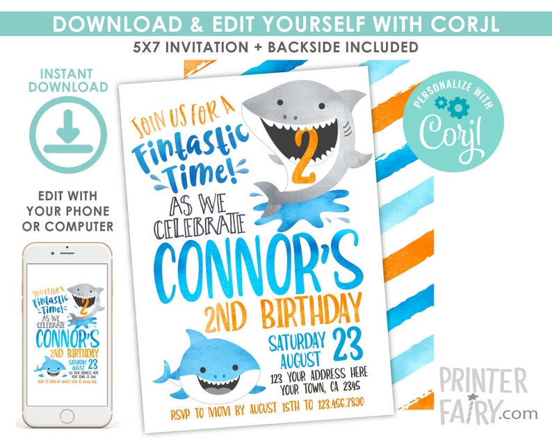 Shark Invitation, EDITABLE, Shark Birthday Invitation, Pool Party, Shark Invite, EDIT YOURSELF Digital Invitation, Instant Download