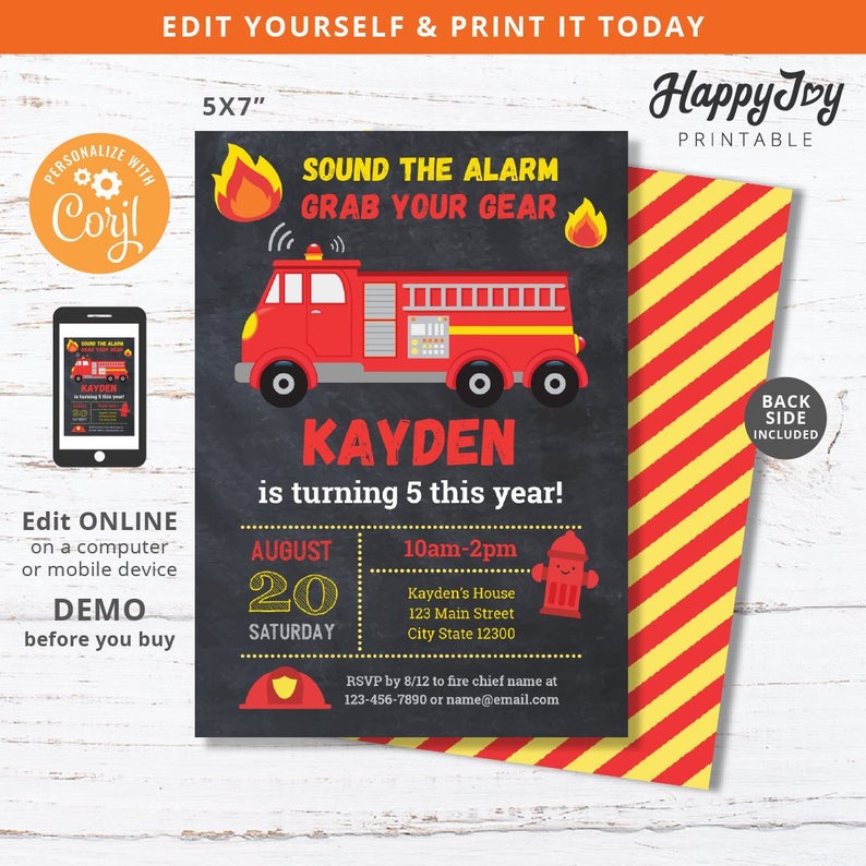 Firefighter Birthday Invitation, Fireman Boys Party Invite, Sound the Alarm, Fire Truck, Editable Template INSTANT Access, Self Edit Corjl