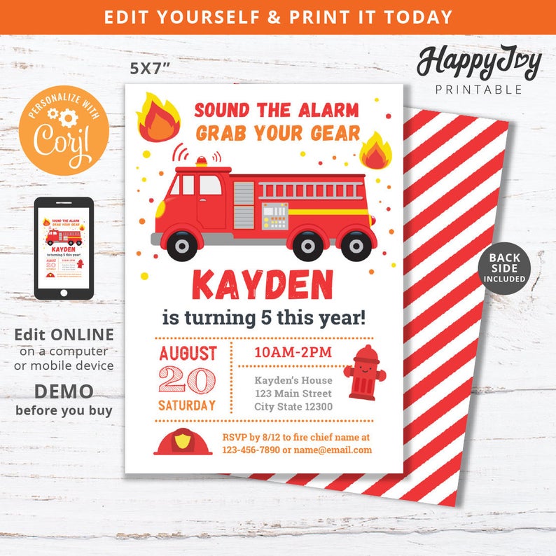 Firefighter Birthday Invitation, Boys Fireman Fire Truck Party Invite, Sound the Alarm, Editable Template INSTANT Access, Self Edit Corjl