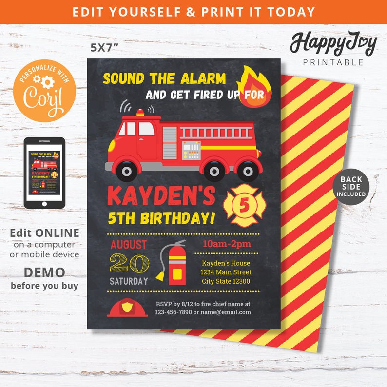 Firefighter Birthday Invitation, Get Fired Up Boys Fireman Party Invite, Fire Truck, Editable Template INSTANT Access, Self Edit Corjl