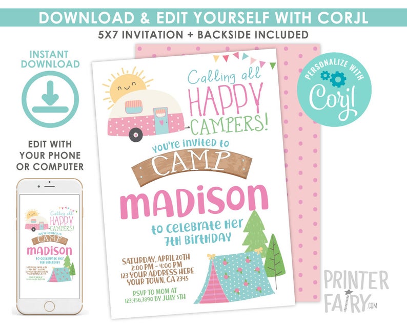 Camping Invitation, Camp Birthday Invitation, EDITABLE, Summer Camp Party, Outdoors Birthday, Digital Invite, Glamping, Instant Download